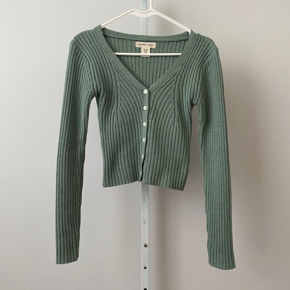Happily Grey Cotton Clean Office Siren Academia Ribbed V-Neck Cardigan XS Green